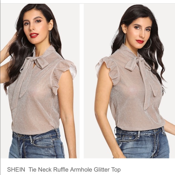 💎 TIE NECK RUFFLE ARMHOLES GLITTER TOP S,M 💎 - Picture 4 of 8